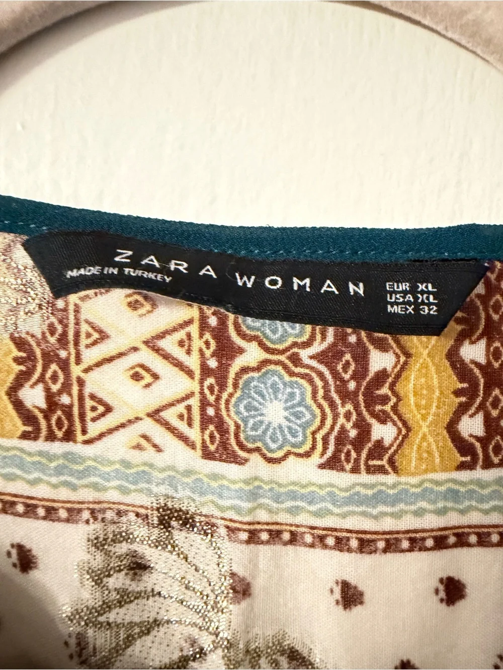 Zara Woman Patchwork Multicolor Peasant Top with Velveteen Ties & Piping Sz XL